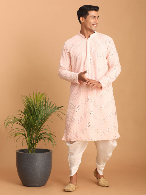 Vastramay Men's Pink Mirror Kurta dhoti Set